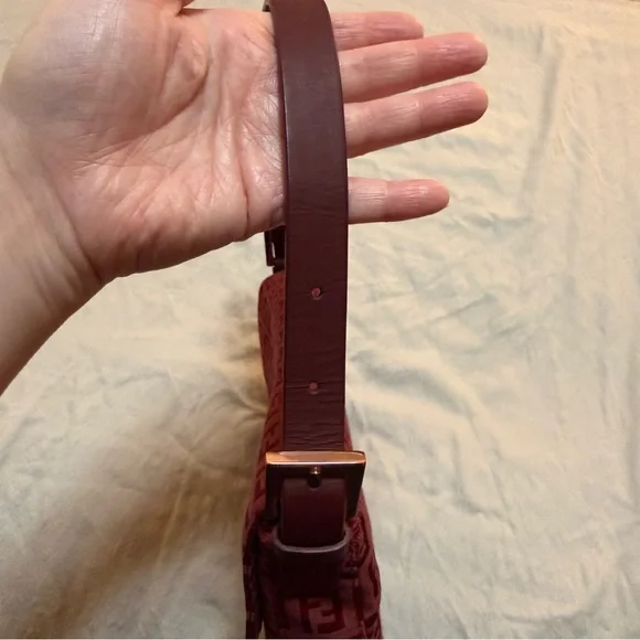 RARE Rose Gold Hardware Fendi Zucchino Baguette Bag in Red / Burgundy - Picture 6 of 11